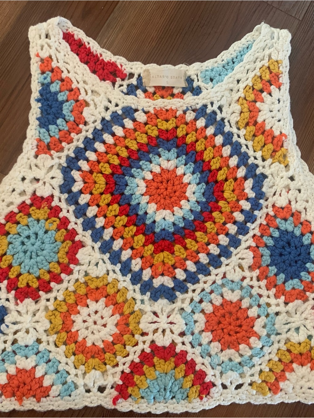 Altar'd State Cream Crochet Tank with Red, Blue, Orange & Yellow Accents